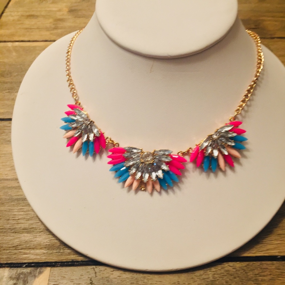 Pink, blue and crystal necklace with gold chain